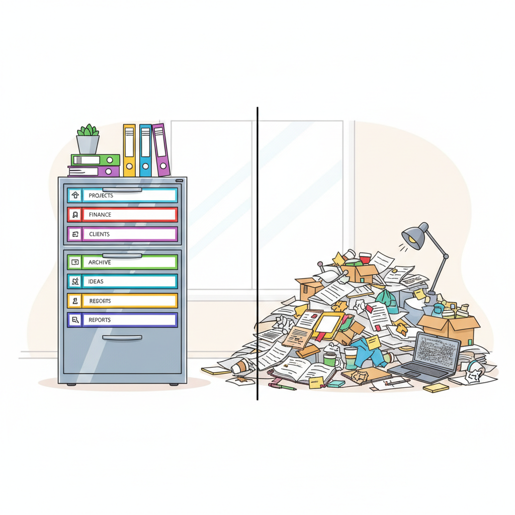 An illustration of a perfectly organized file cabinet with colorful labels, vs a chaotic pile of papers on the floor.