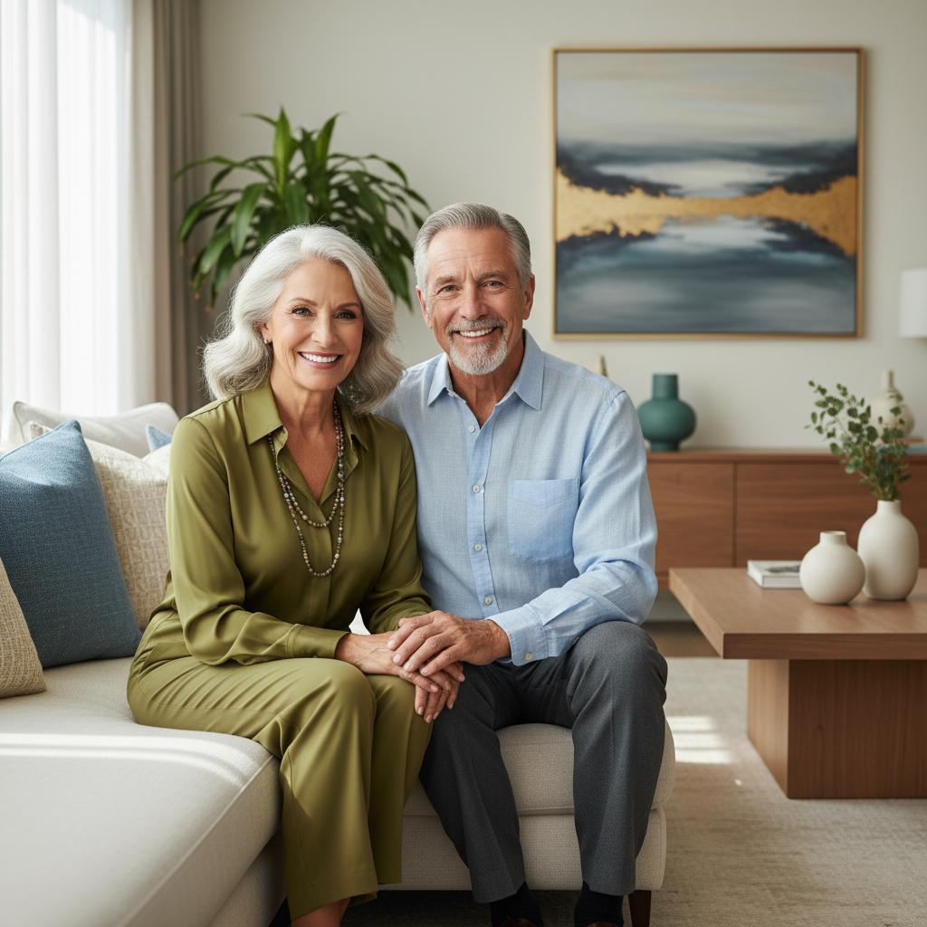 Portrait of a stylish smiling senior couple in a modern living room, soft natural lighting, high quality photography