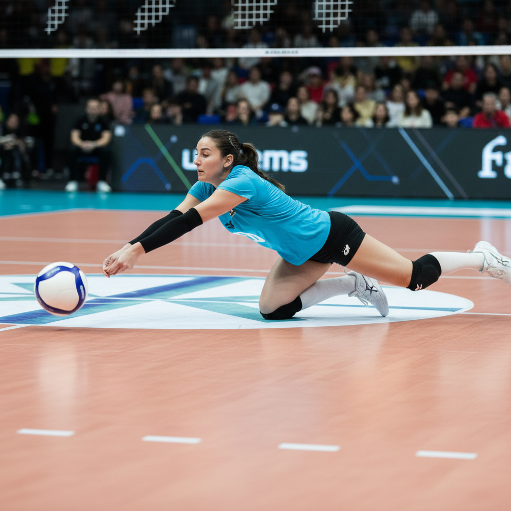 Volleyball libero player in a contrasting jersey color diving for a ball, focus on defensive action, modern volleyball court floor