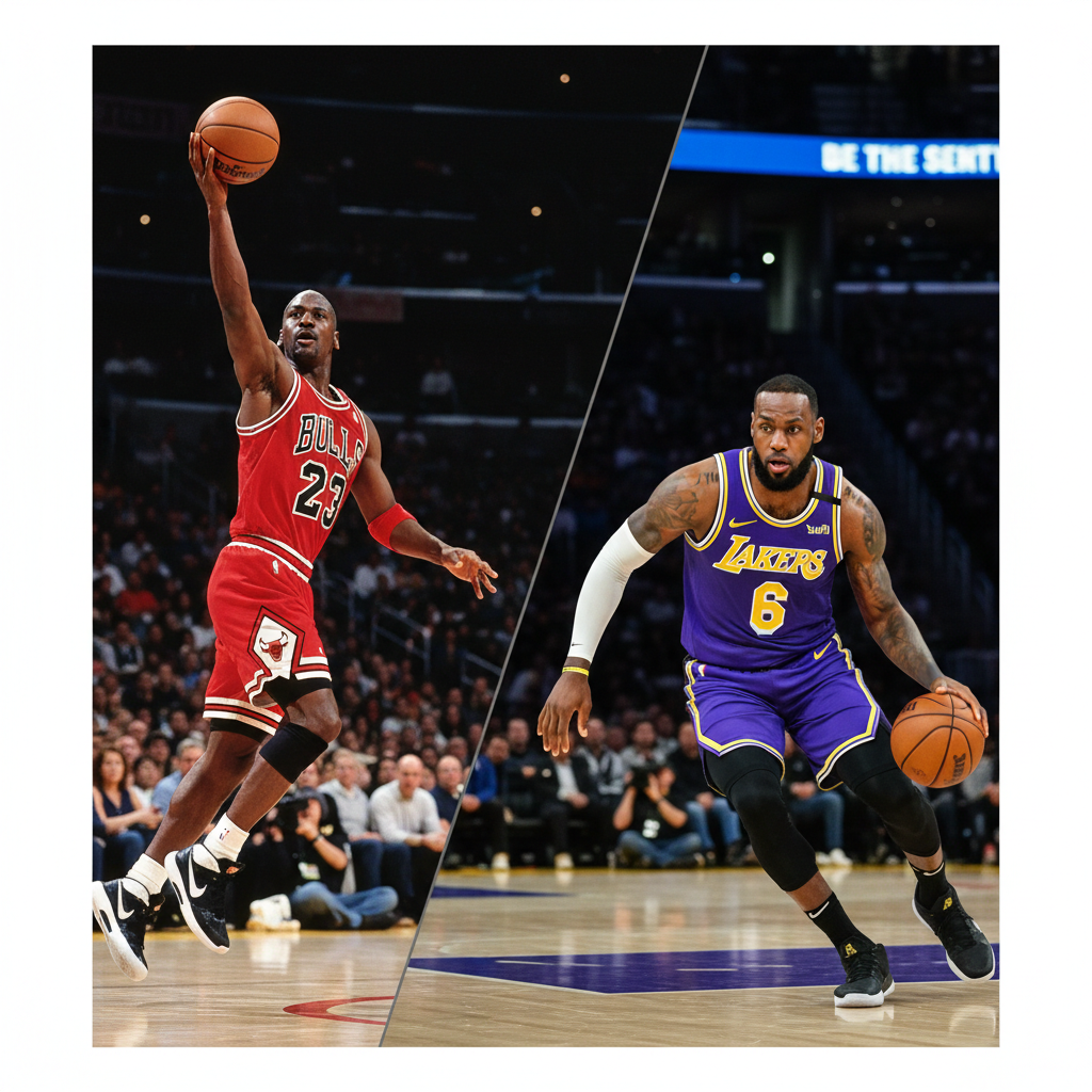 Split composition: Michael Jordan mid-fadeaway shot on left, LeBron James driving to the hoop on right