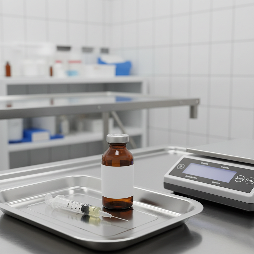 Small veterinary syringe and medication bottle next to a scale for weighing small animals, clinical setting, realistic