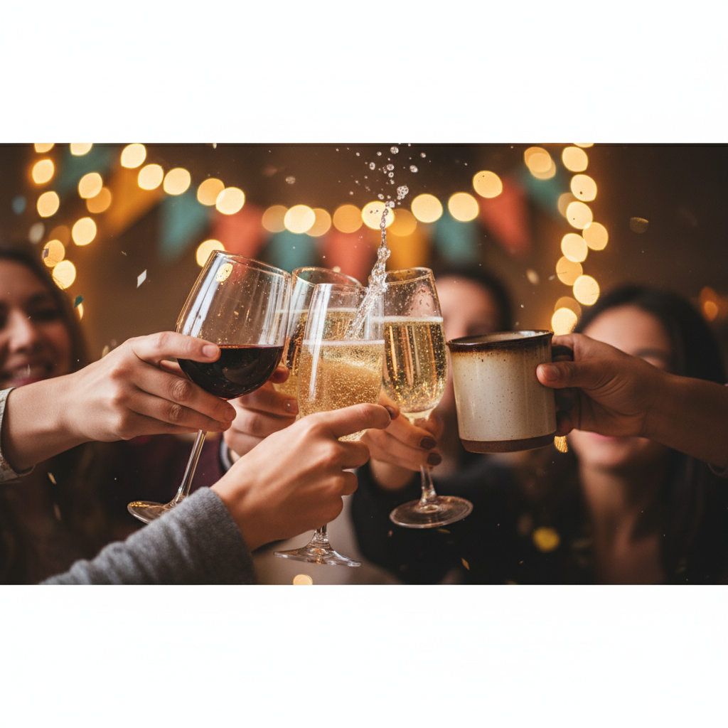 People of diverse cultures clicking glasses in a toast, close up of hands and glasses, bokeh background, warm and celebratory atmosphere