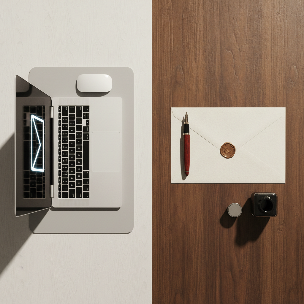 Top down view of a desk split in half: left side has a modern laptop with an email icon on screen, right side has a fountain pen and a paper envelope, high contrast, organized