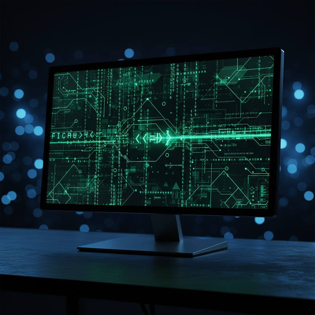 Close up shot of code on a monitor in a dark room, matrix style, representing firmware development, futuristic blue bokeh