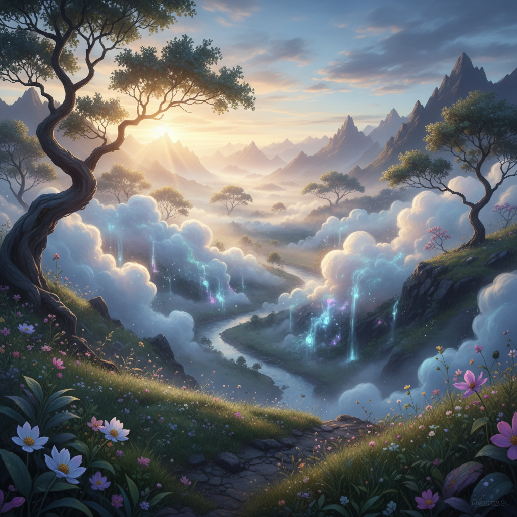 inspirational morning landscape with fog (chemistry metaphor), soft sunlight, nature background, ultra realistic