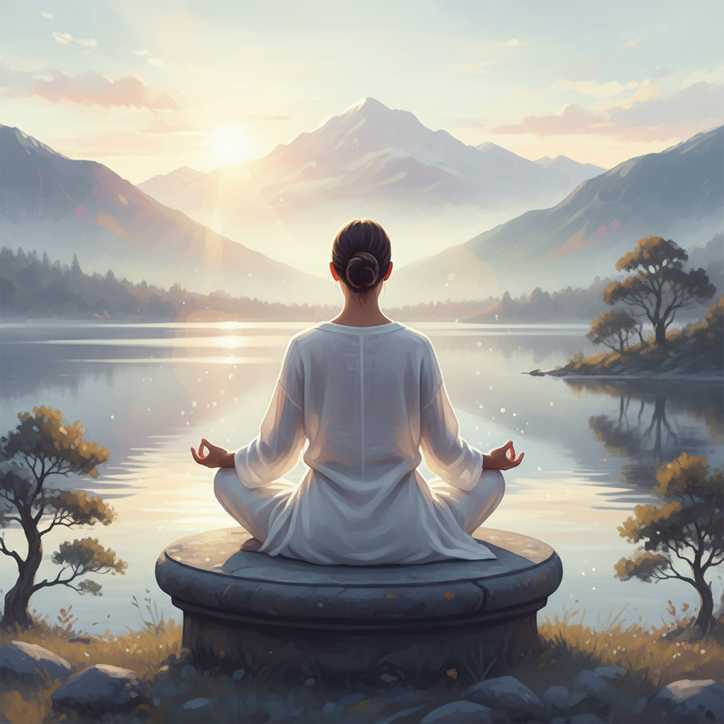 serene person meditating, soft lighting, feeling of calm and mindfulness, artistic style