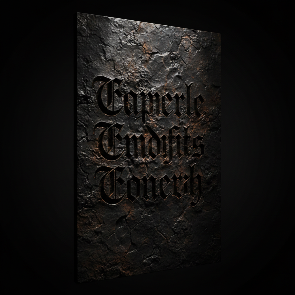 Old gothic typography carved into dark textured metal, dramatic side lighting, sharp details, ancient script style.