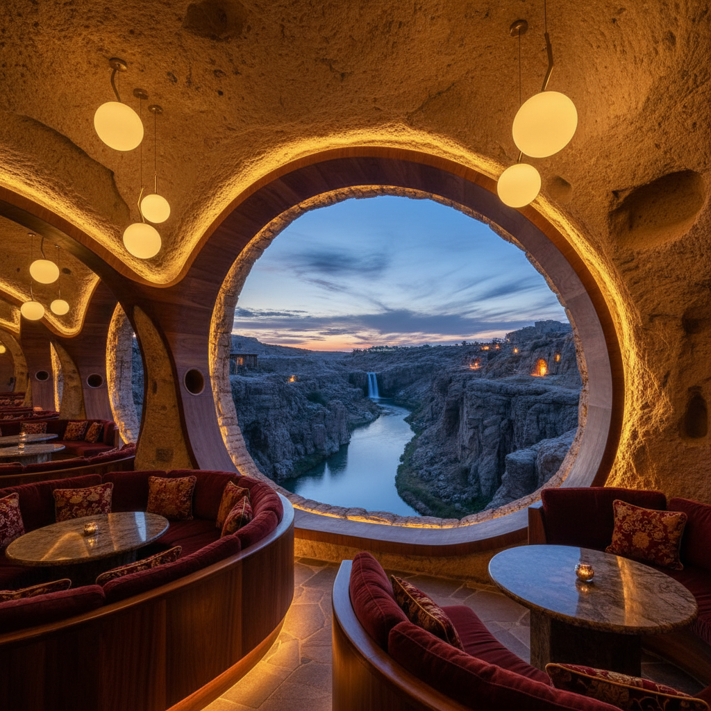 View from inside a cave restaurant looking out at a stunning river gorge sunset, golden ambient lighting inside contrasting with blue twilight outside.