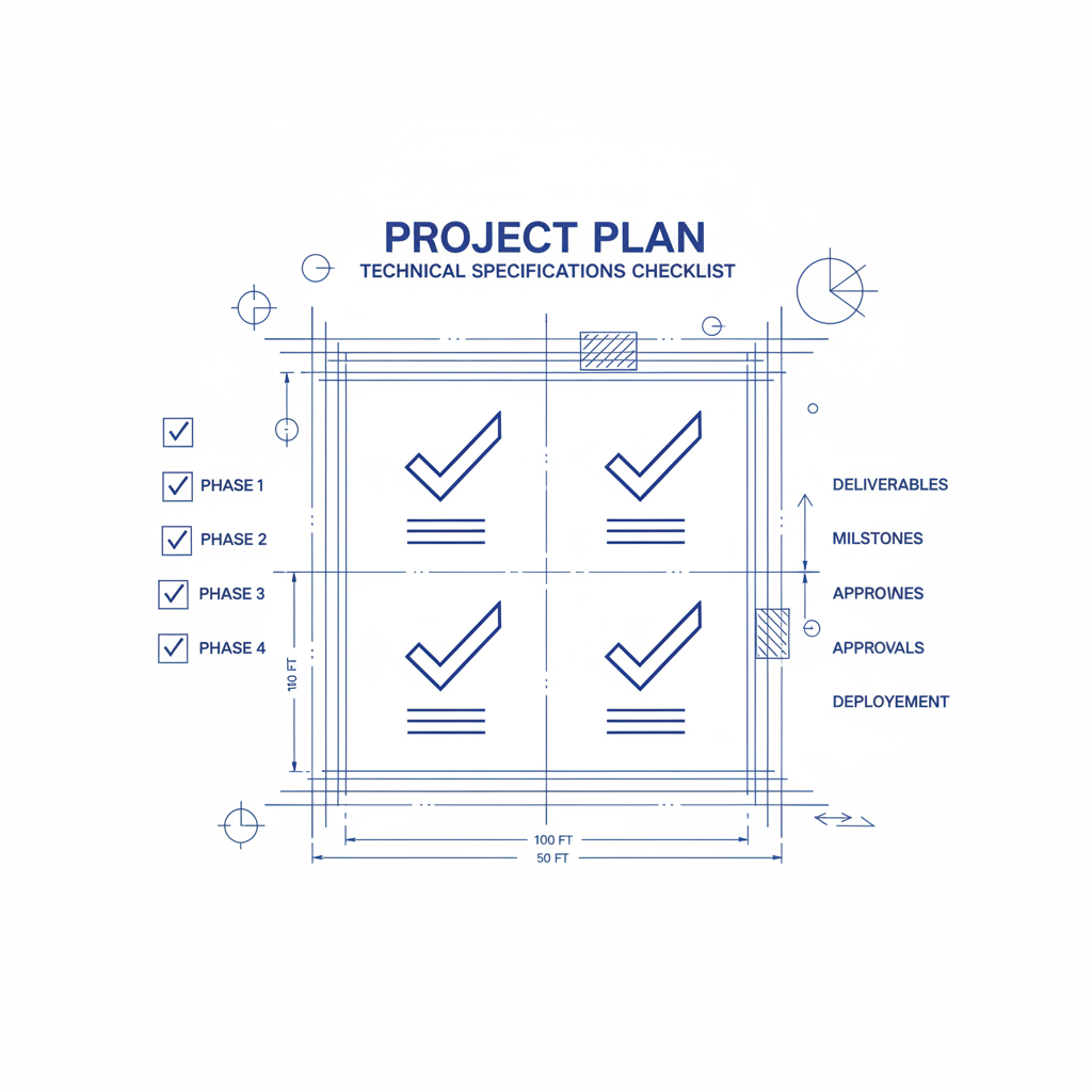Architectural blueprint style drawing of a plan or checklist, technical and precise, blue lines on white paper