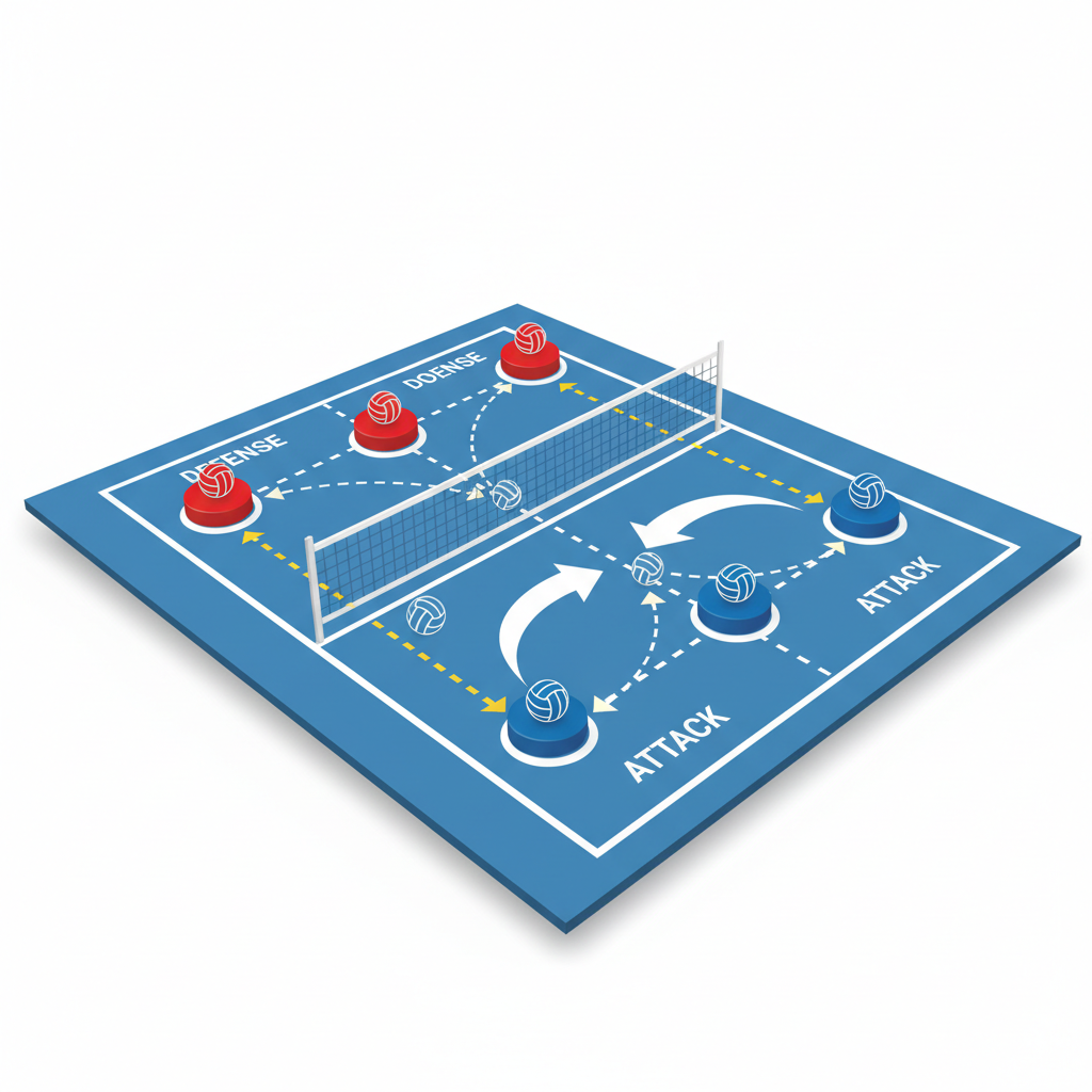 volleyball players layout diagram on court, tactical board view, strategic sports analysis