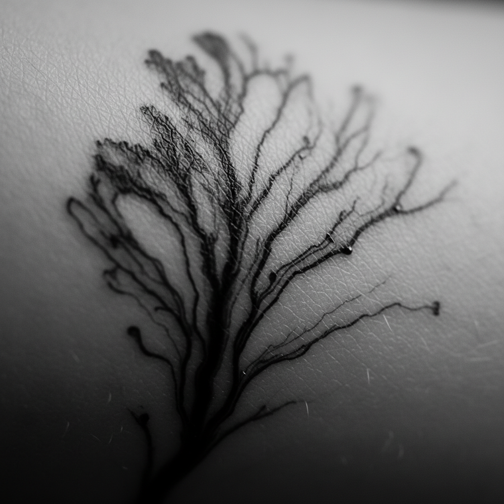 Artistic macro shot of ink texture on human skin, monochrome black and white, highlighting texture and flow, minimalist