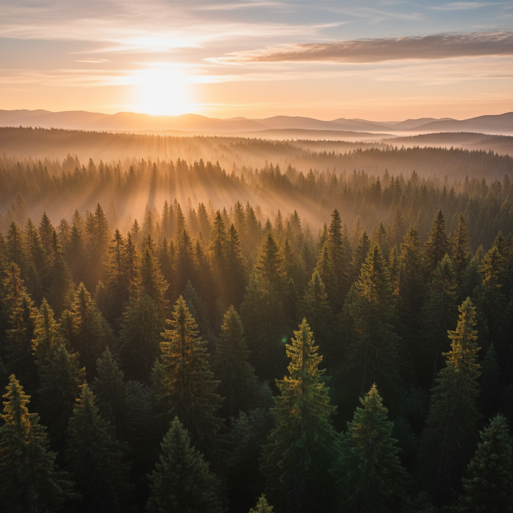 Stunning sunrise over a healthy, dense evergreen forest, golden light, atmospheric, inspirational