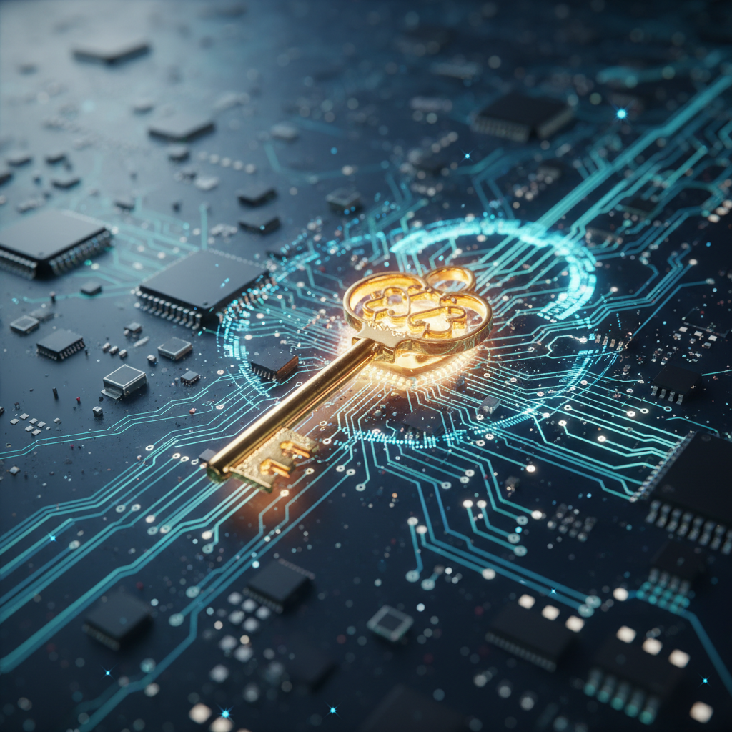 A golden key glowing in the center of a digital circuit board, representing uniqueness and access