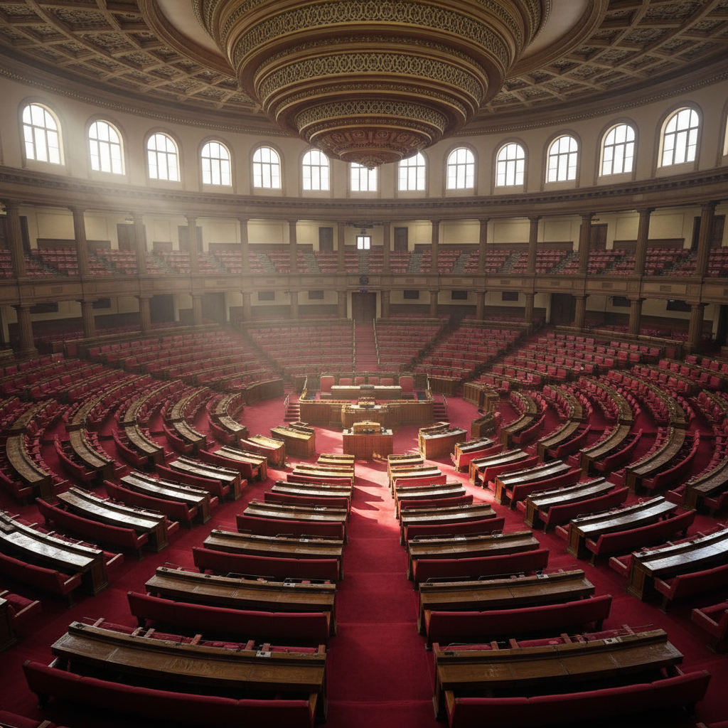 Interior view of the Indian Parliament Lok Sabha, grand circular architecture with red carpets, sunlight streaming in, dignified atmosphere, photorealistic