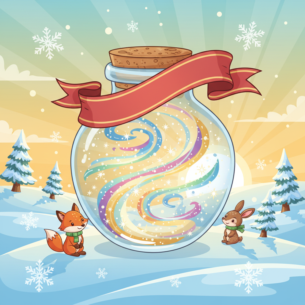 A bright, colorful illustration of a glass 'Memory Jar' filled with glowing sparkles and a festive 'Happy New Year' banner in a cartoon style suitable for children, against a sunny winter background.