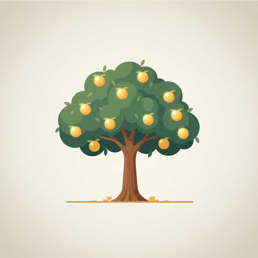 minimalist illustration of a fully grown tree with golden fruit, symbolizing wealth maturity
