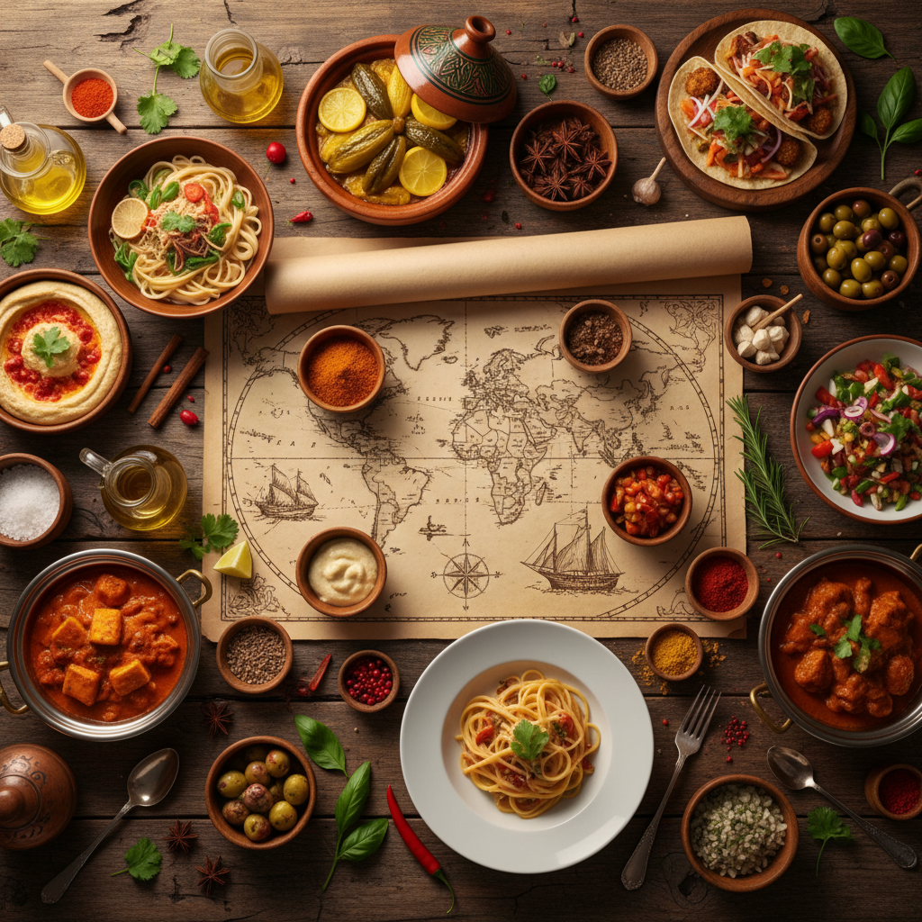 Top-down view of a rustic wooden table filled with diverse international dishes, spices, and a map, warm lighting, high quality food photography