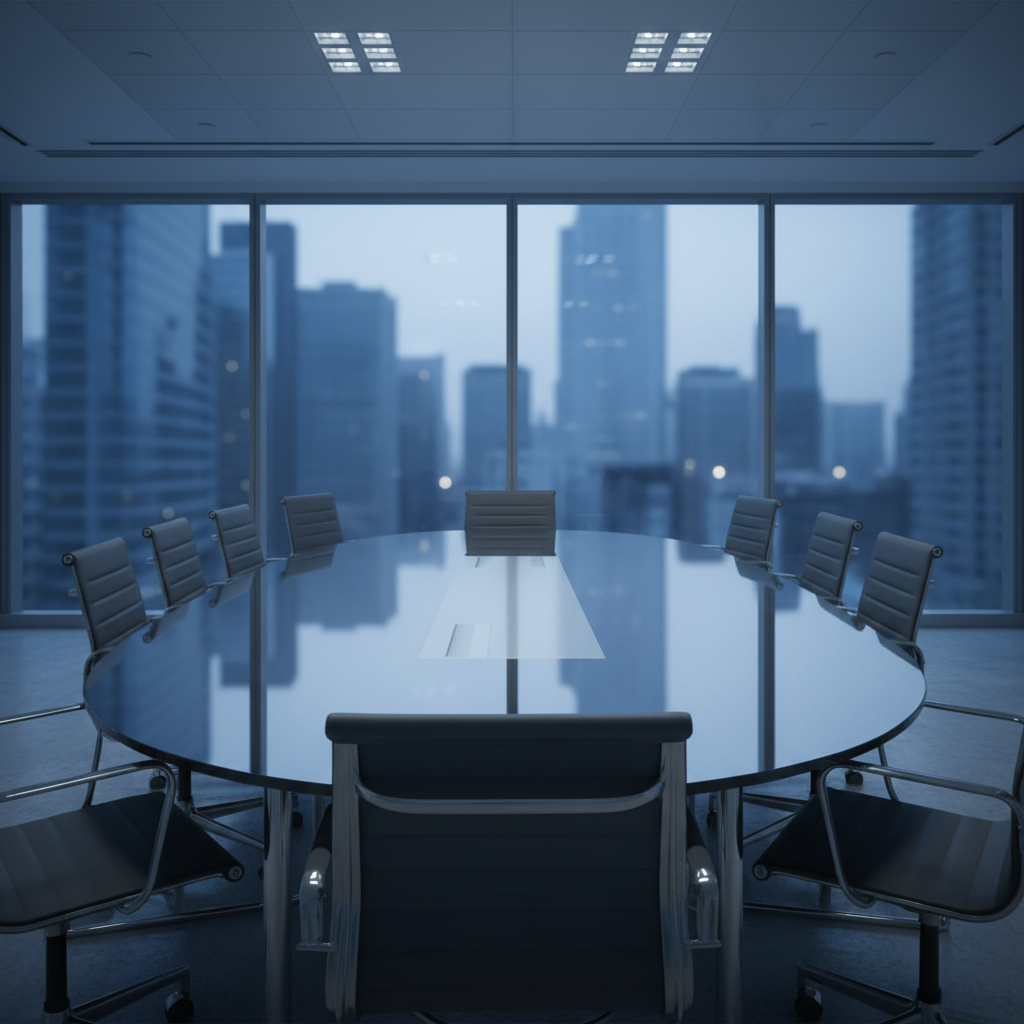 A cinematic, wide-angle shot of a modern glass corporate boardroom table with a blurred city skyline in the background, professional lighting, corporate blue tones, 4k resolution