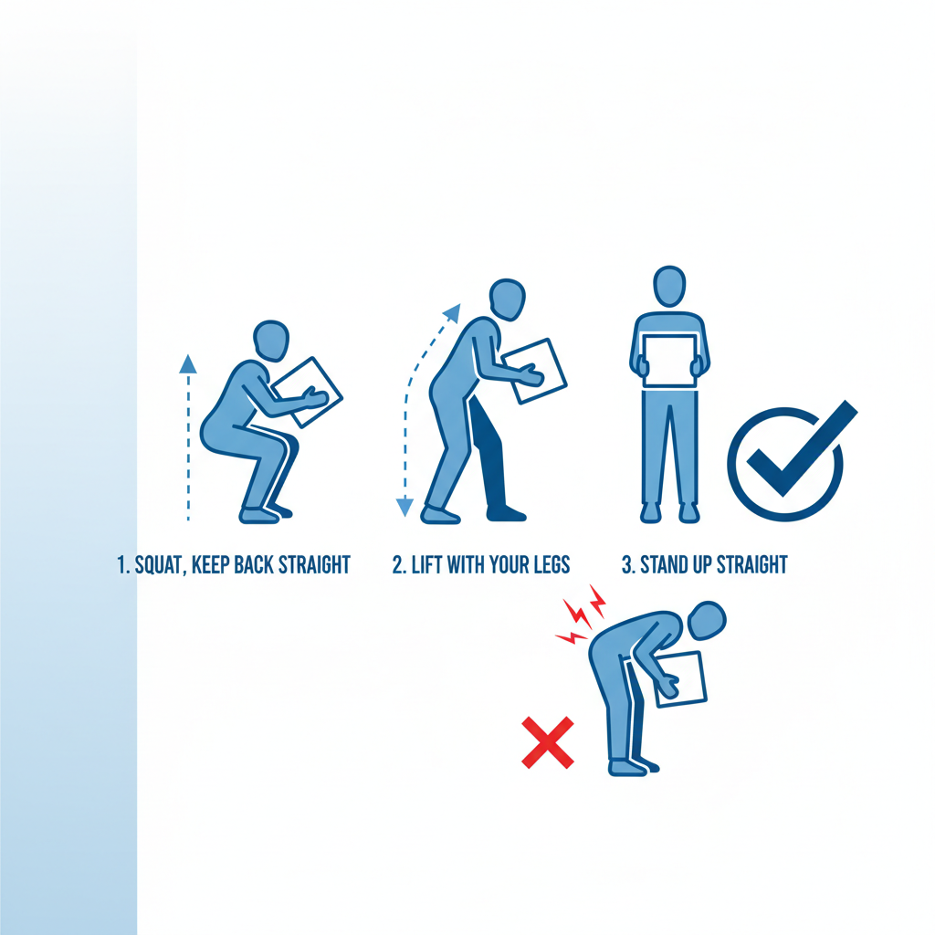 ergonomic illustration showing correct lifting technique for heavy box, safety manual style, blue and white