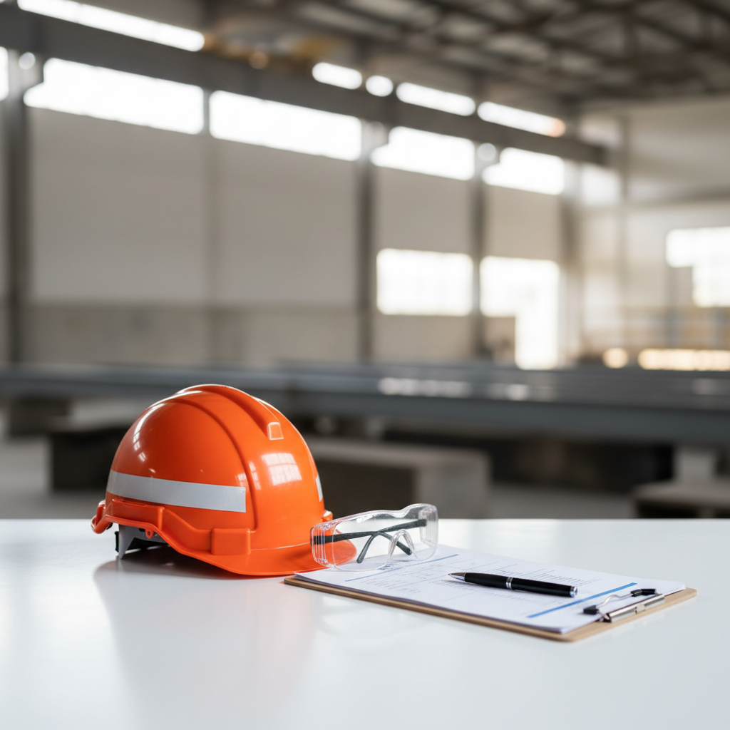 industrial safety helmet, glasses, and clipboard on a clean table, professional photography, shallow depth of field