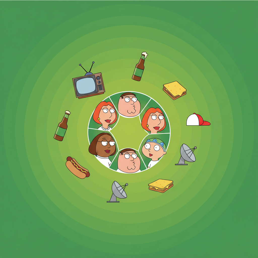 Iconic cartoon logo of Family Guy on a bright green radial background with abstract items like a TV and beer bottle floating, flat vector style