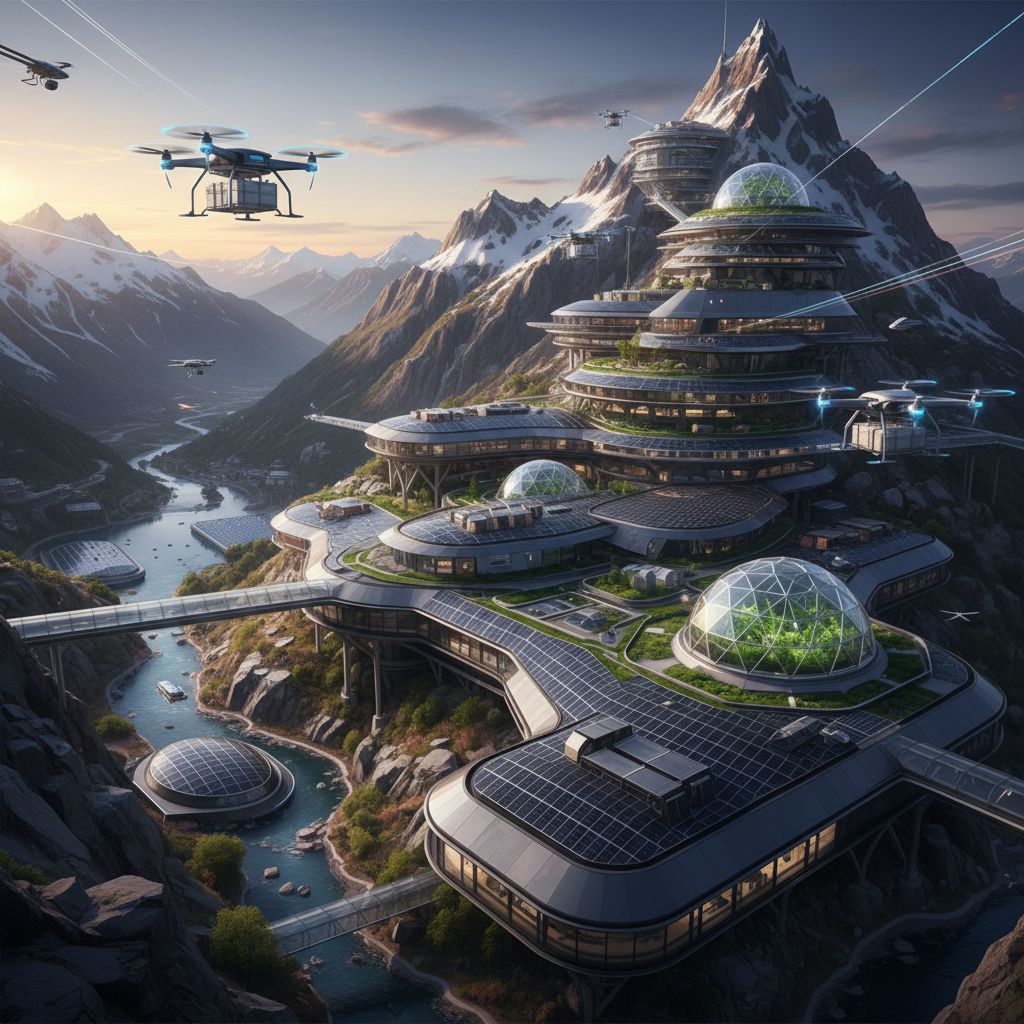 futuristic mountain resort with solar panels and drones, high tech sustainability, cinematic lighting, photorealistic