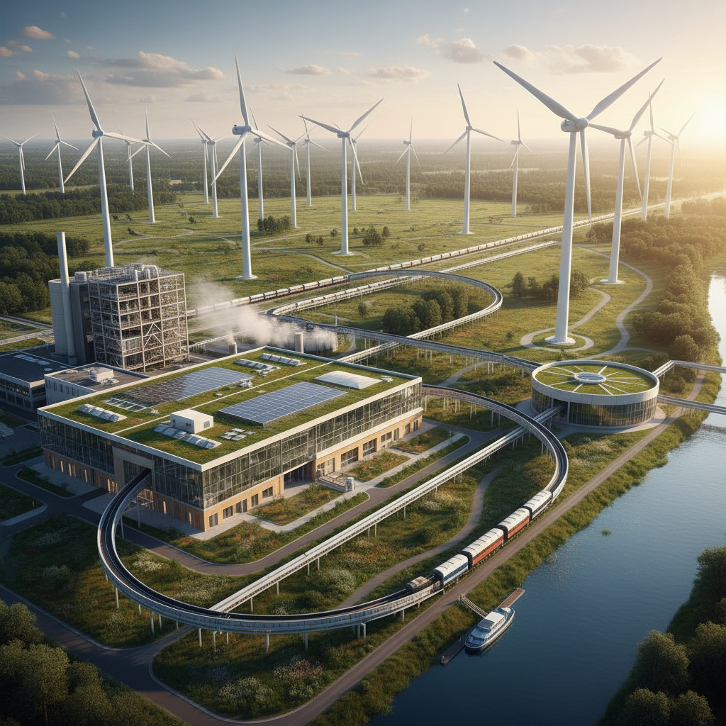 green energy wind turbines next to a modern factory, concept of sustainable manufacturing, photorealistic