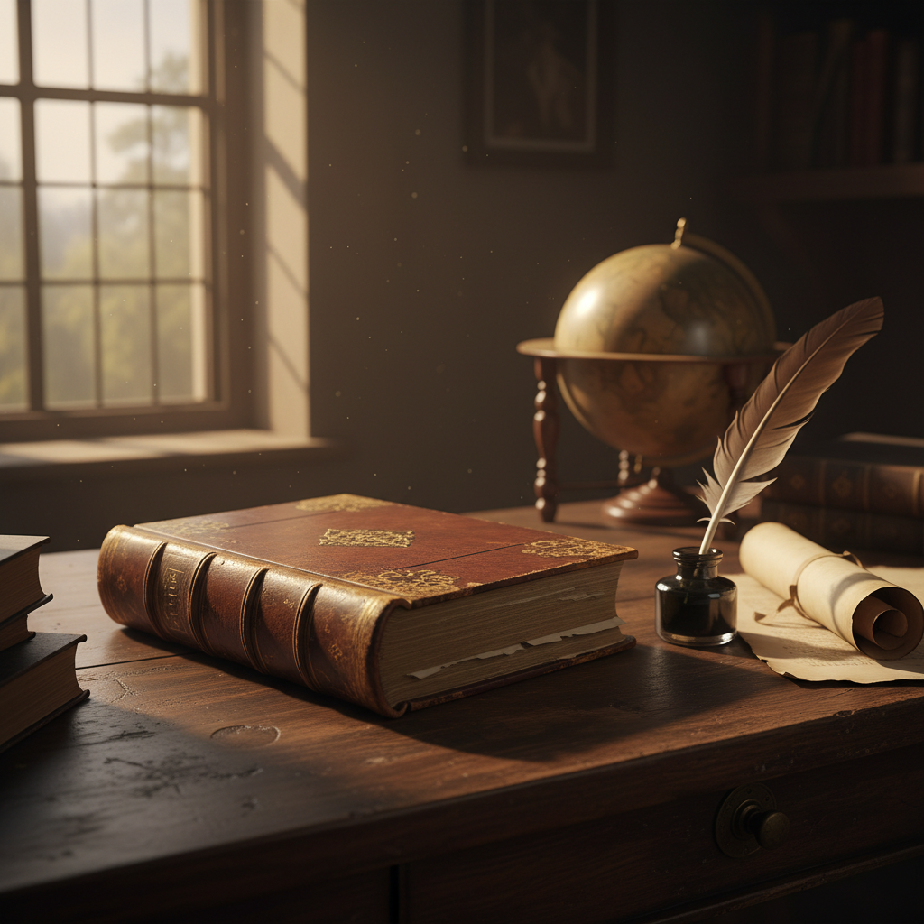 Antique leather-bound first edition book 'The Wealth of Nations' sitting on a wooden desk, photorealistic, cinematic lighting, 1776 atmosphere