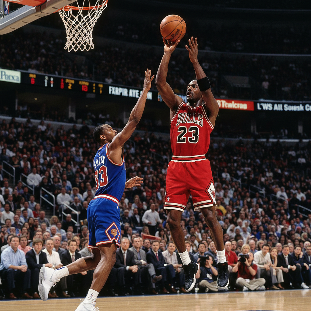 Michael Jordan shooting a jump shot over a defender in crucial game moment