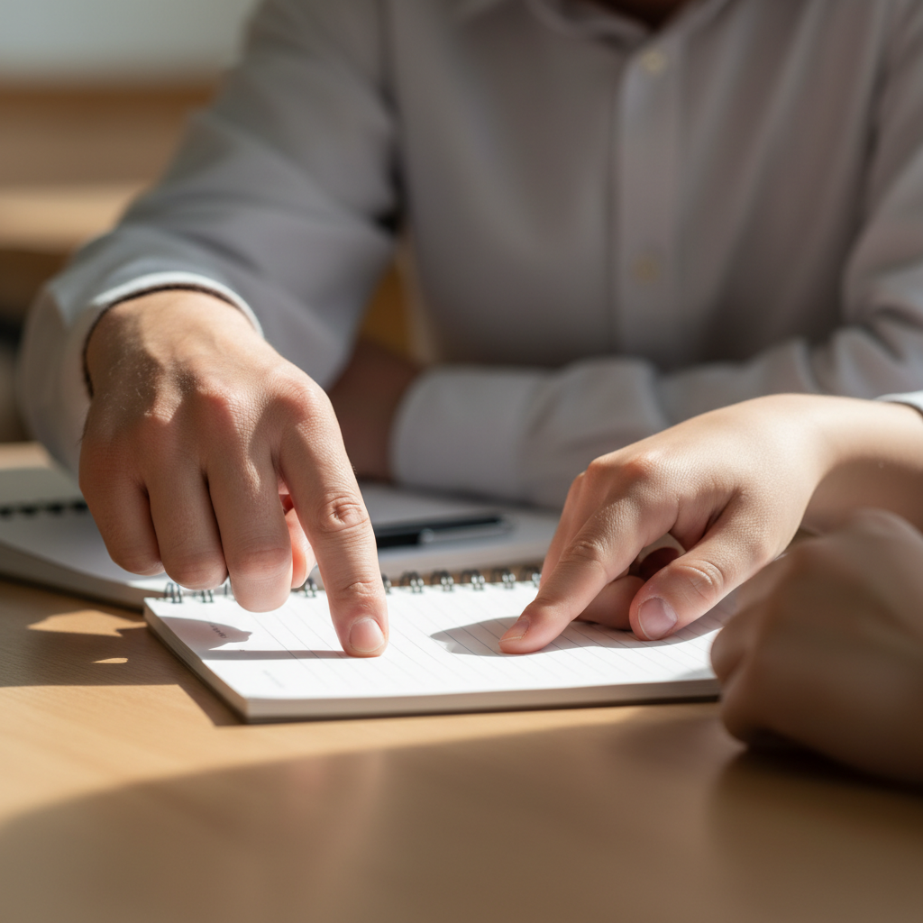 Hands of a teacher and a student on a desk with a notebook, pointing at a line of text, symbolizing guidance, soft focus, daylight
