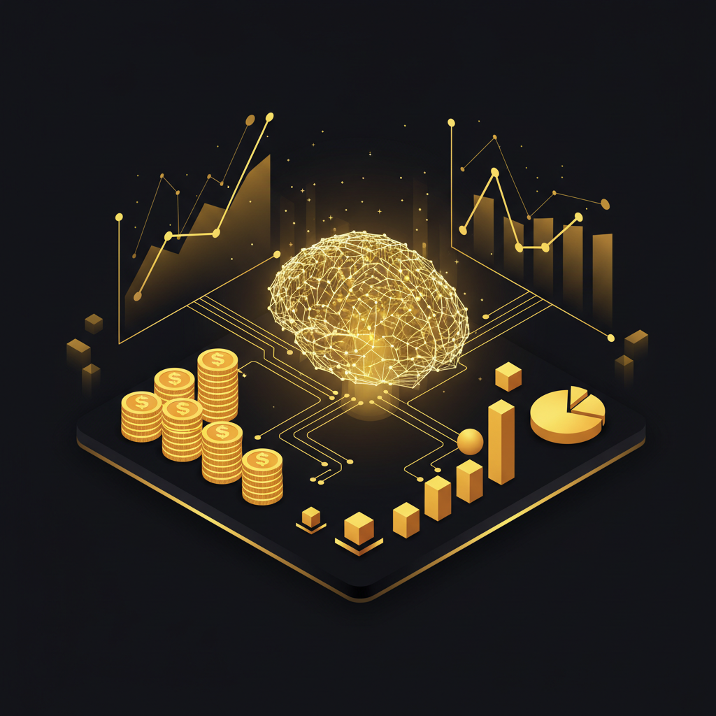 Isometric 3D illustration of a glowing digital brain connected to stacks of gold coins and financial graphs, dark black background, tech style, yellow and gold accents