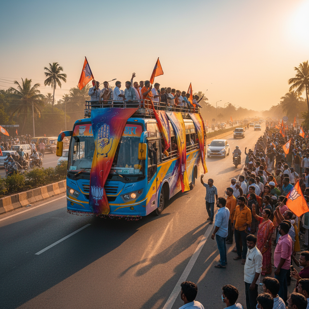 A brightly decorated colourful campaign bus on an Indian highway, crowds gathering nearby, banners visible on the side, sunset lighting, realistic style