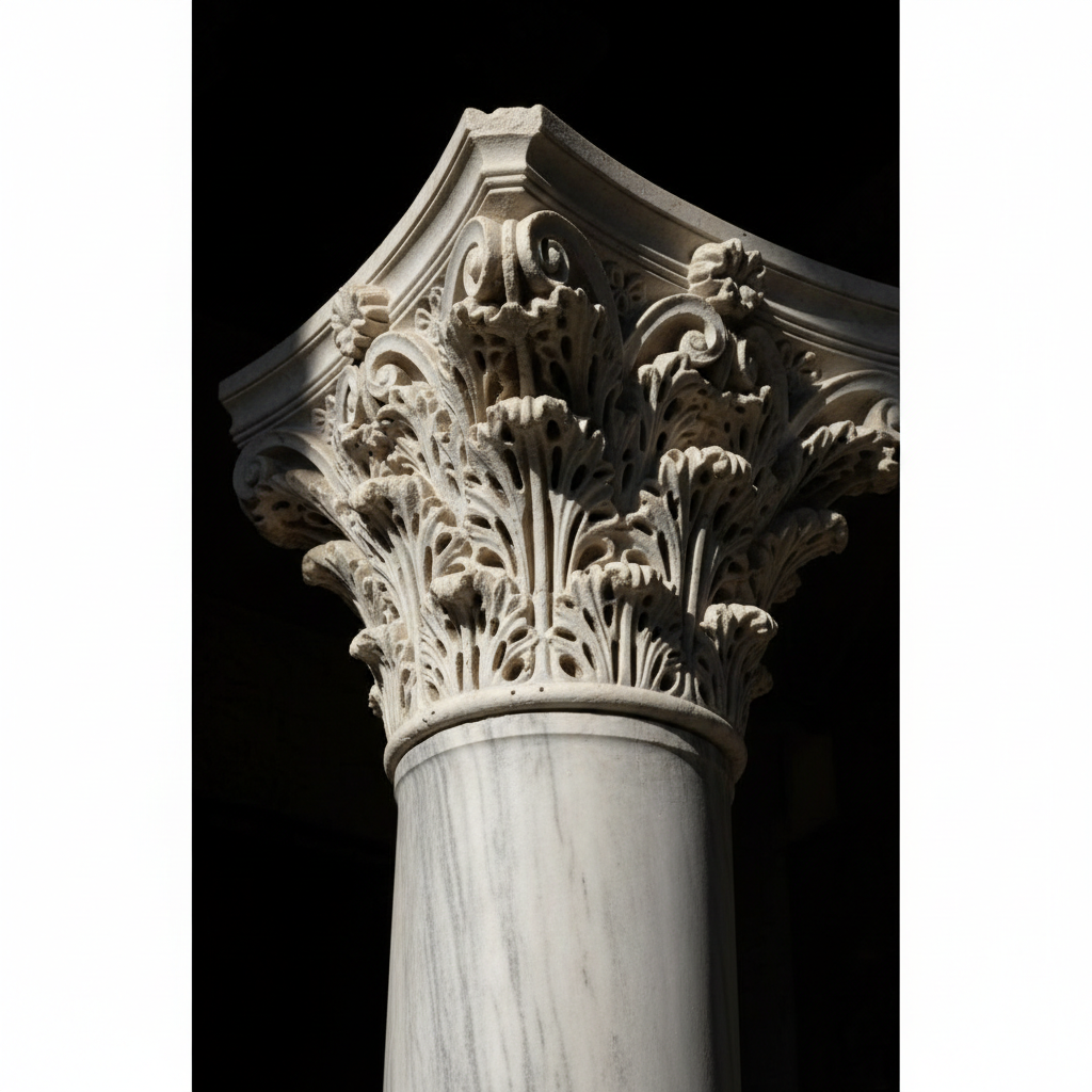 Detail of a Byzantine basket capital on a marble column, intricate lace-like stone carving, drilling technique, chiaroscuro lighting
