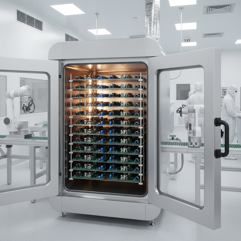 Industrial cleanroom oven with printed circuit boards inside on racks, high tech manufacturing laboratory environment