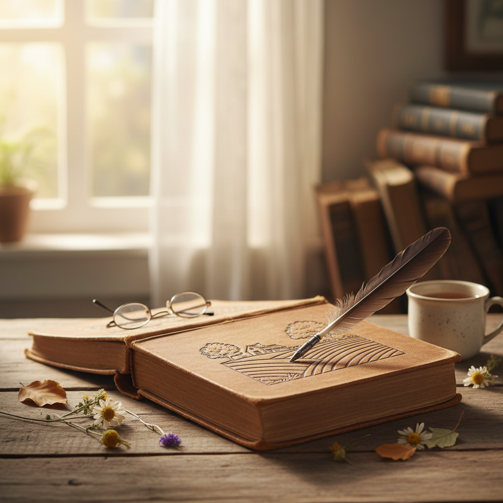 A close-up of a book titled 'Rural Life' sitting on a table, soft lighting, focus on education and literature
