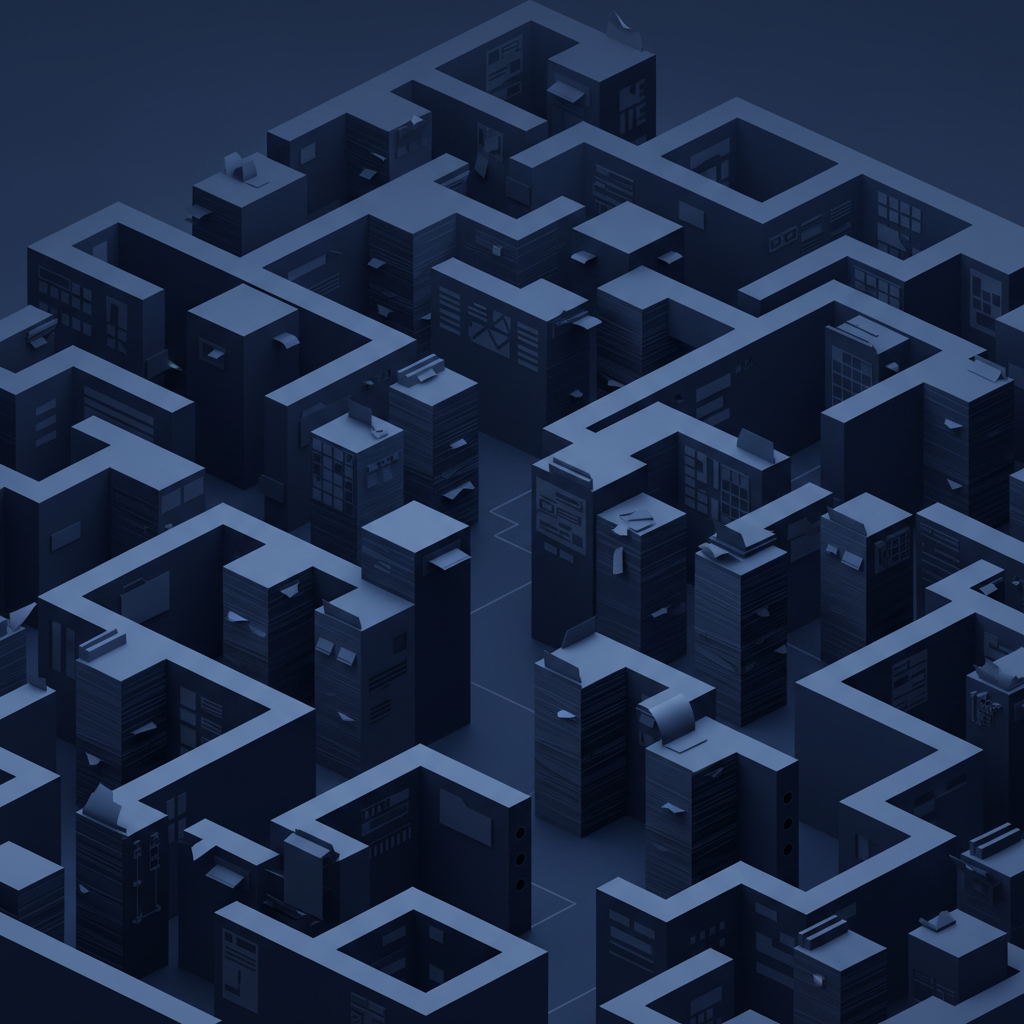 A conceptual illustration of a maze made of paper stacks and files, representing bureaucracy and confusion, deep navy blue tones, minimalist style