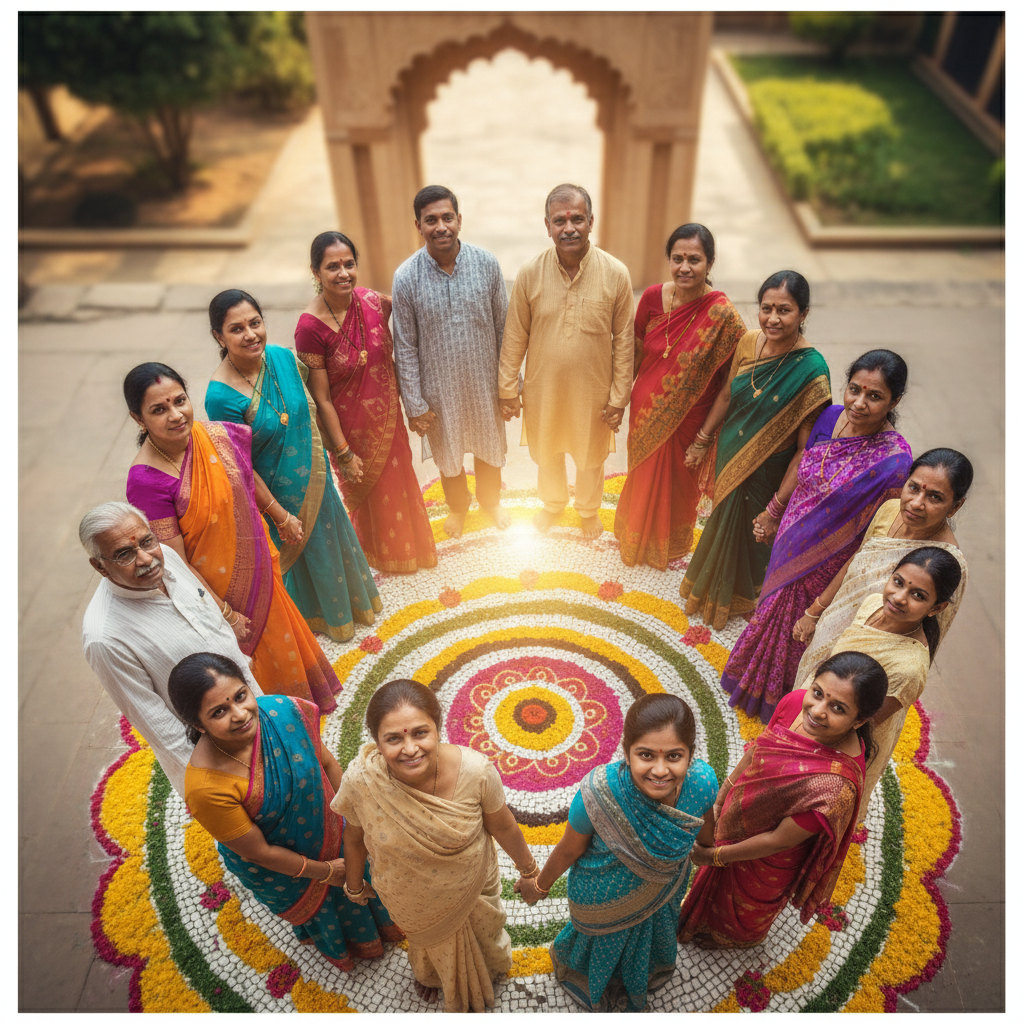 Group of diverse Indian people diverse ages and clothing standing together in a circle top view, symbolizing unity and harmony, photorealistic