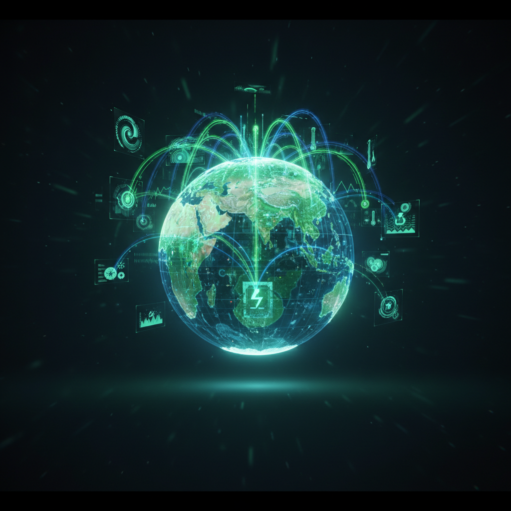 Futuristic earth globe with digital data streams connected to India, cinematic lighting, eco-friendly green and blue color palette, high tech visualization of climate data