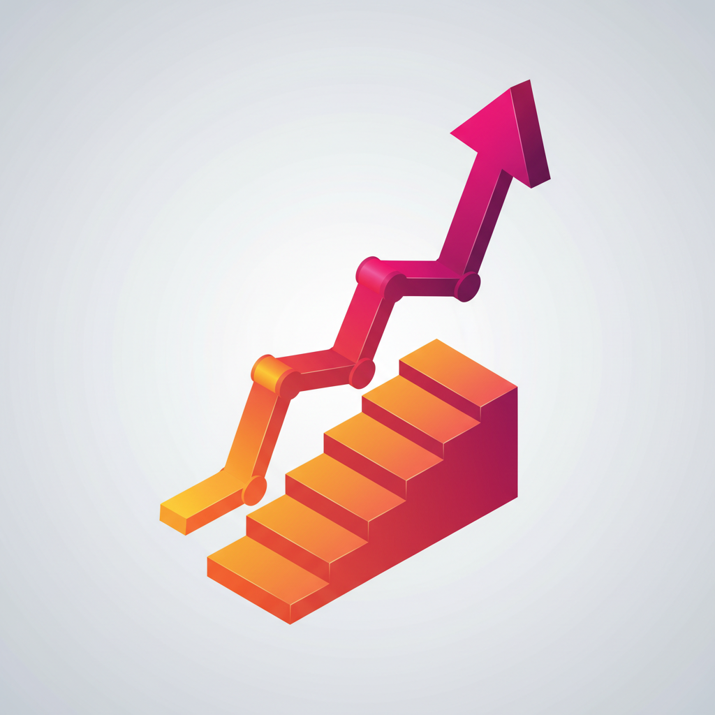 Abstract climbing graph arrow, ascending towards success, vibrant pinks and oranges, 3d isometric style, business growth concept, clean background.
