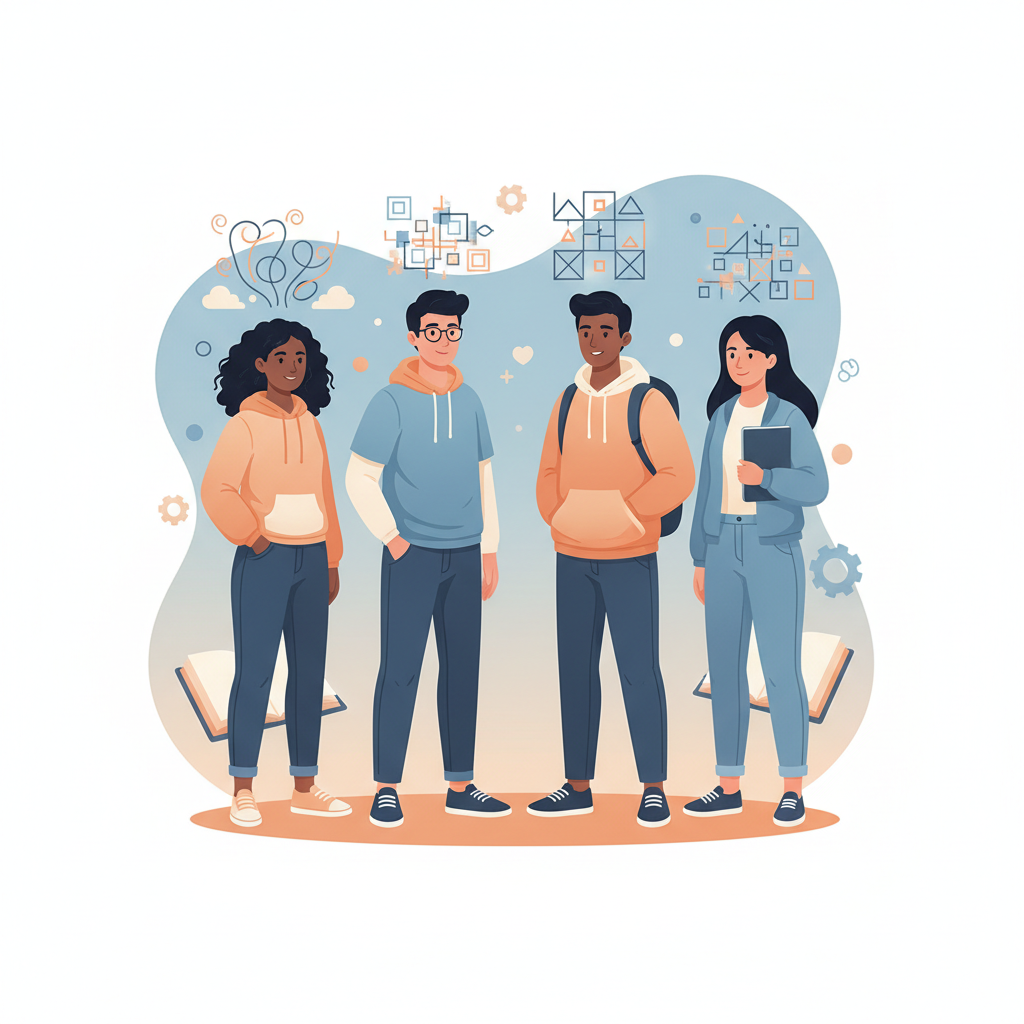 A clean vector illustration showing a diverse group of students, one highlighting unique thinking patterns, soft blue and orange tones