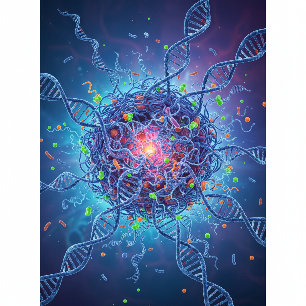 Chaos in a biological cell, too many DNA strands, scientific illustration showing over-replication