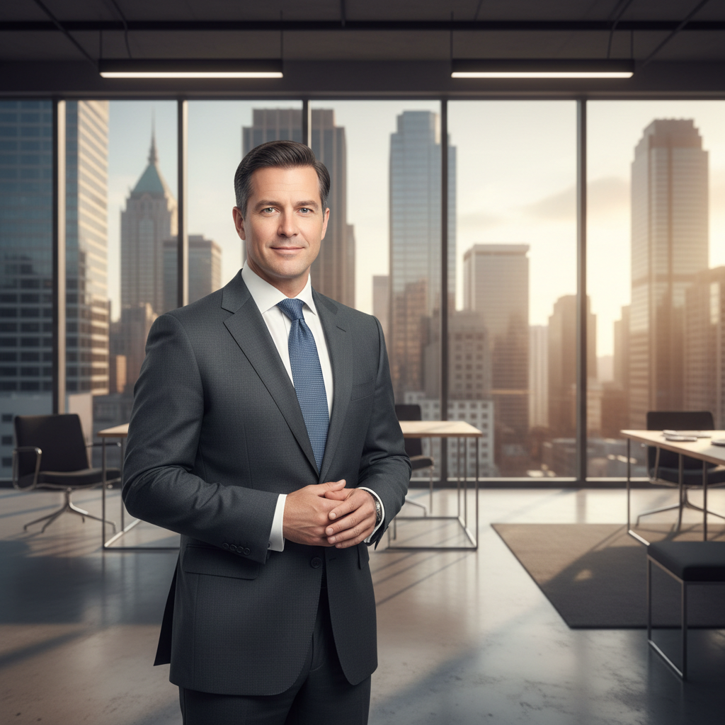 Professional portrait of a confident male CEO in a business suit, standing in a modern office with a view of a financial district, warm lighting, trustworthy expression