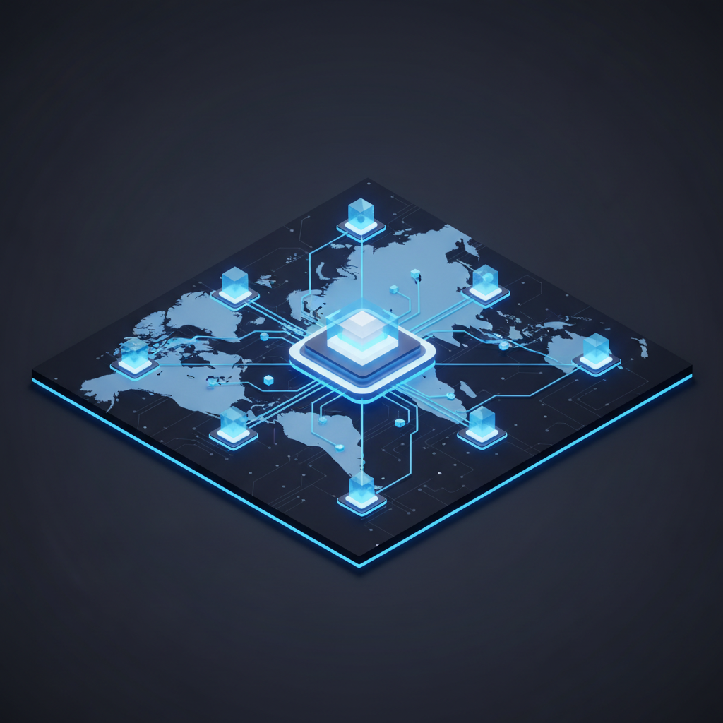Futuristic isometric view of a clean, organized digital supply chain network node, glowing blue lines connecting cities on a dark map, minimalist technology style, 3d render