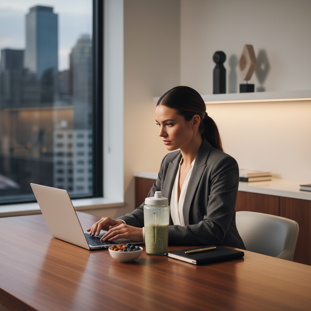 Modern businesswoman working on a laptop with a healthy protein shake on the desk, looking ambitious but slightly stressed, aesthetic office setting, soft lighting