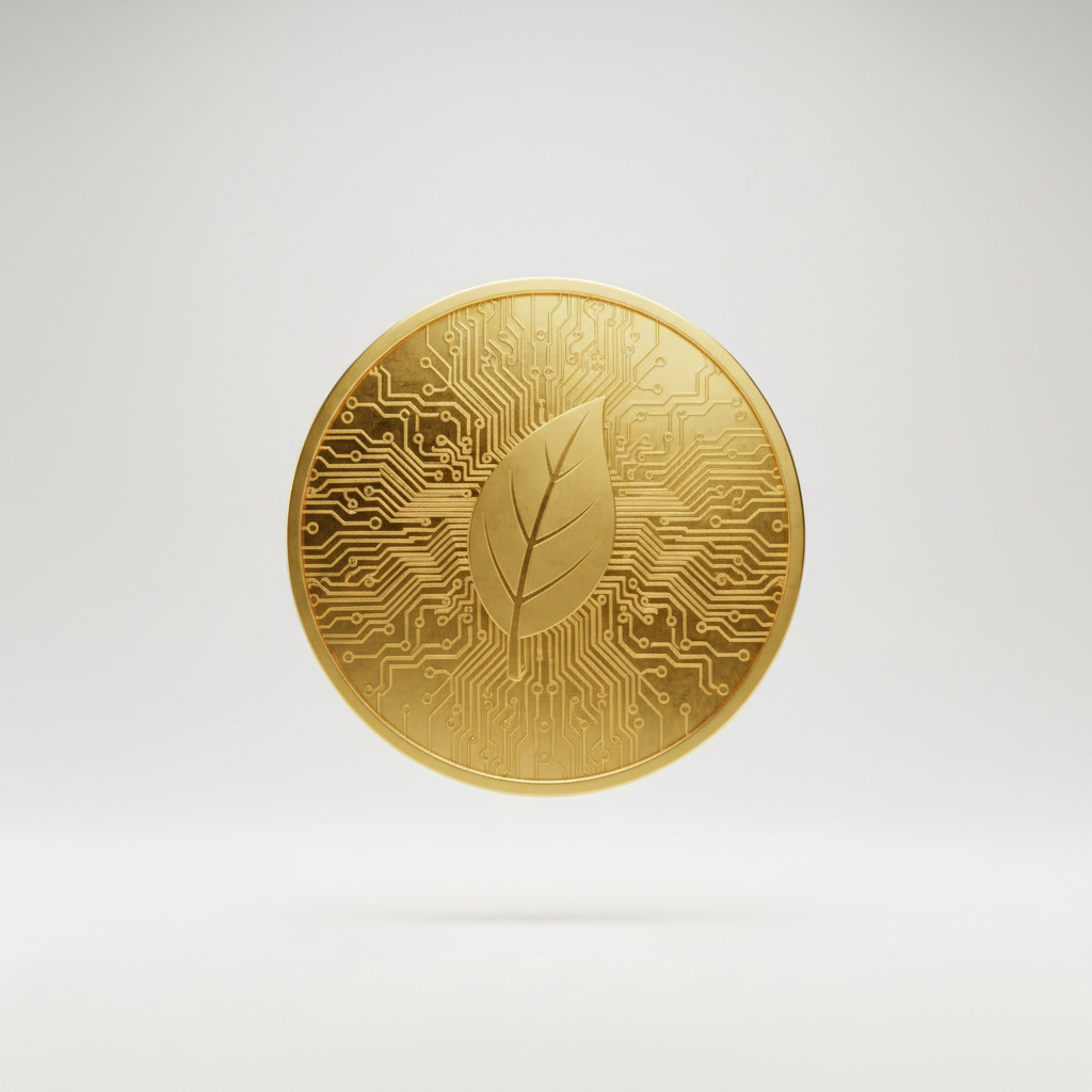 Gold coin with circuit board patterns and a leaf symbol in the center, floating in a clean bright space, representing digital currency and nature