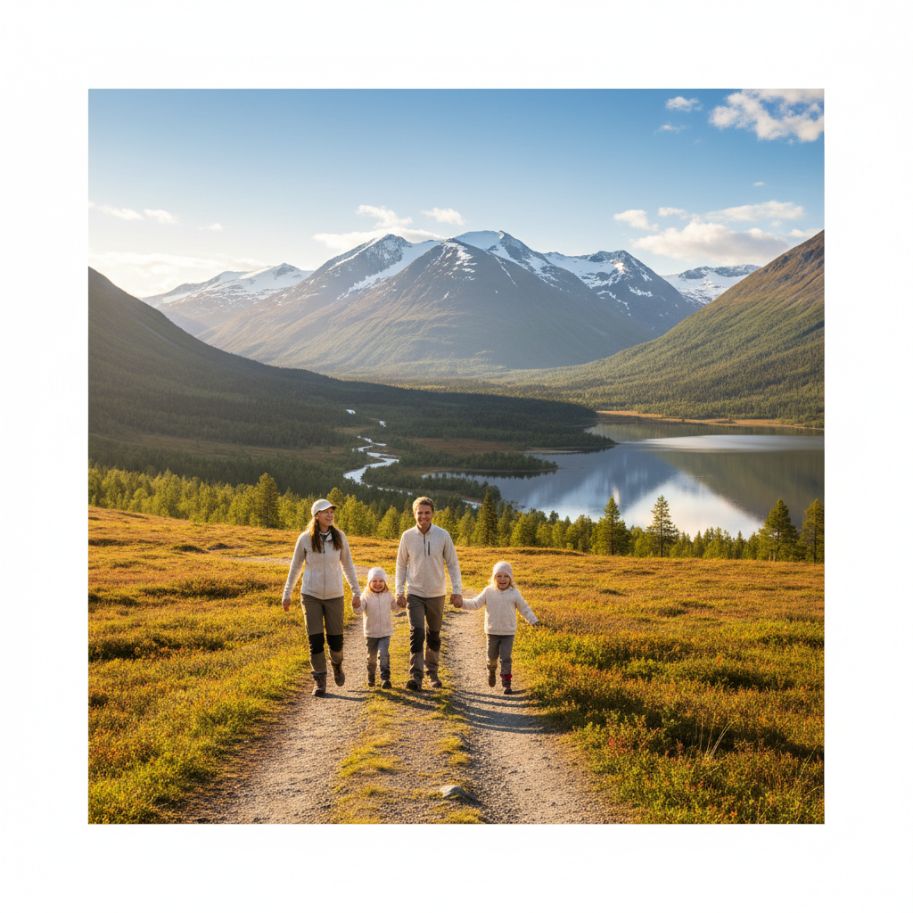 Happy family walking in Norwegian nature, bright sunny day, mountains in background, photorealistic style