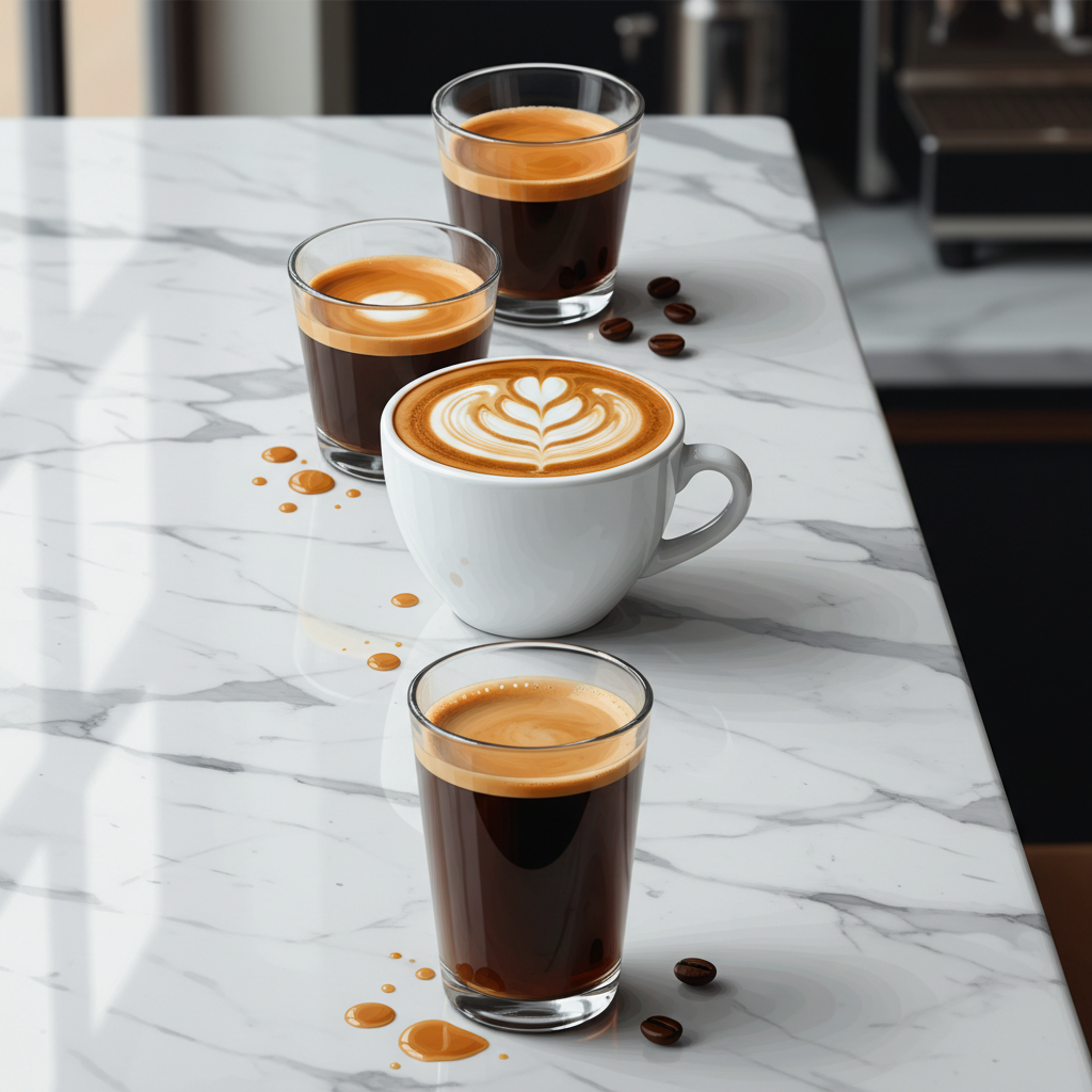 Detailed close-up illustration of four different coffee types: espresso, macchiato, cappuccino, americano, arranged neatly on a marble counter