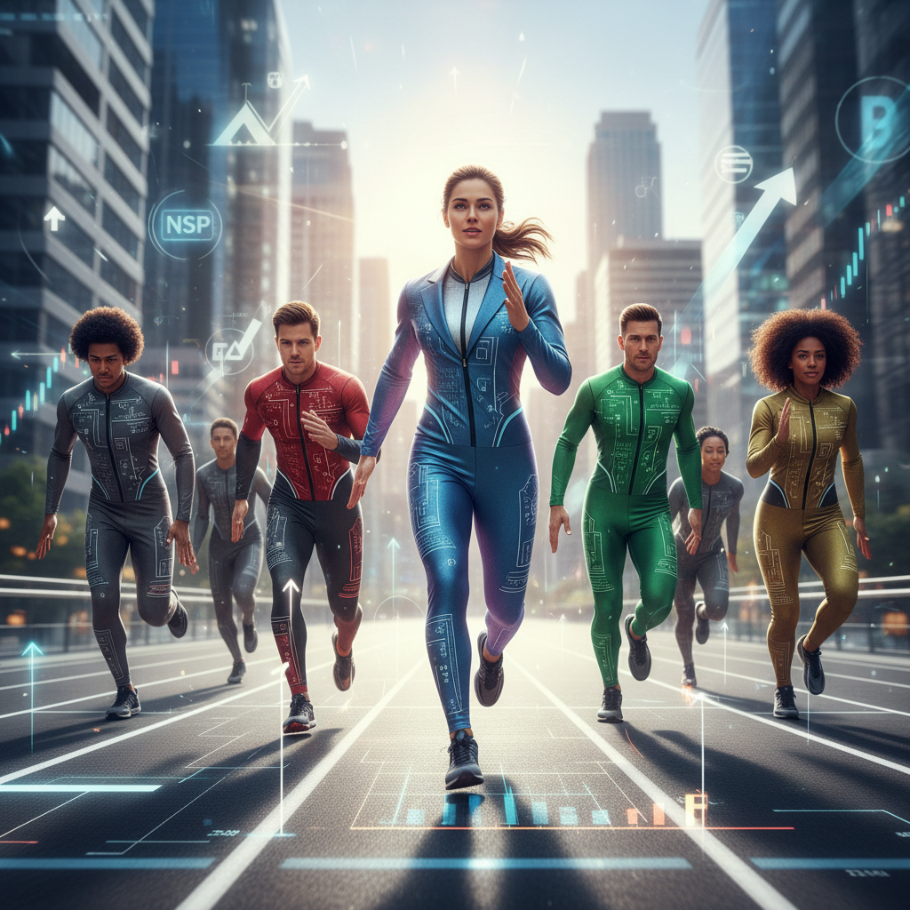 A dynamic image of several sprinters on a track, representing healthy competitive race, motion blur, metaphorical business context, bright lighting