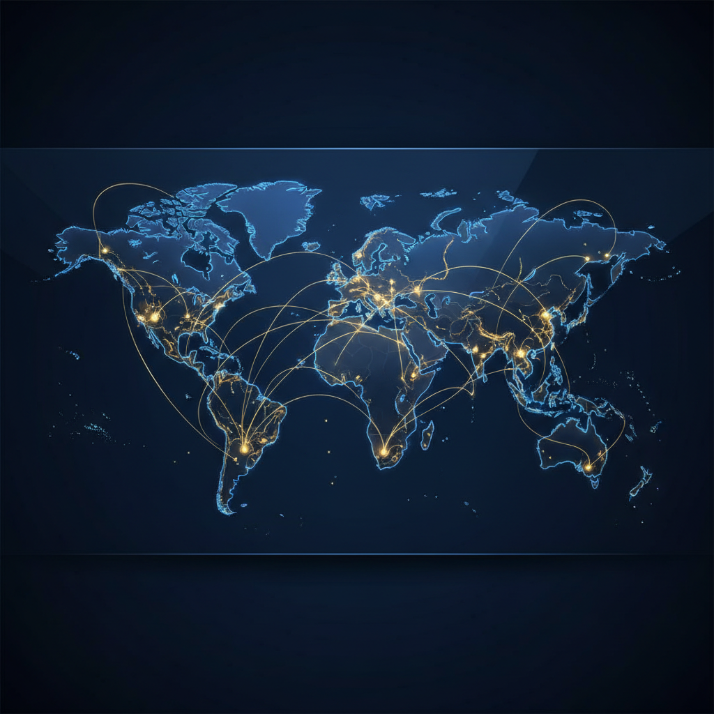 abstract digital network connections global map, dark blue and gold, premium business background
