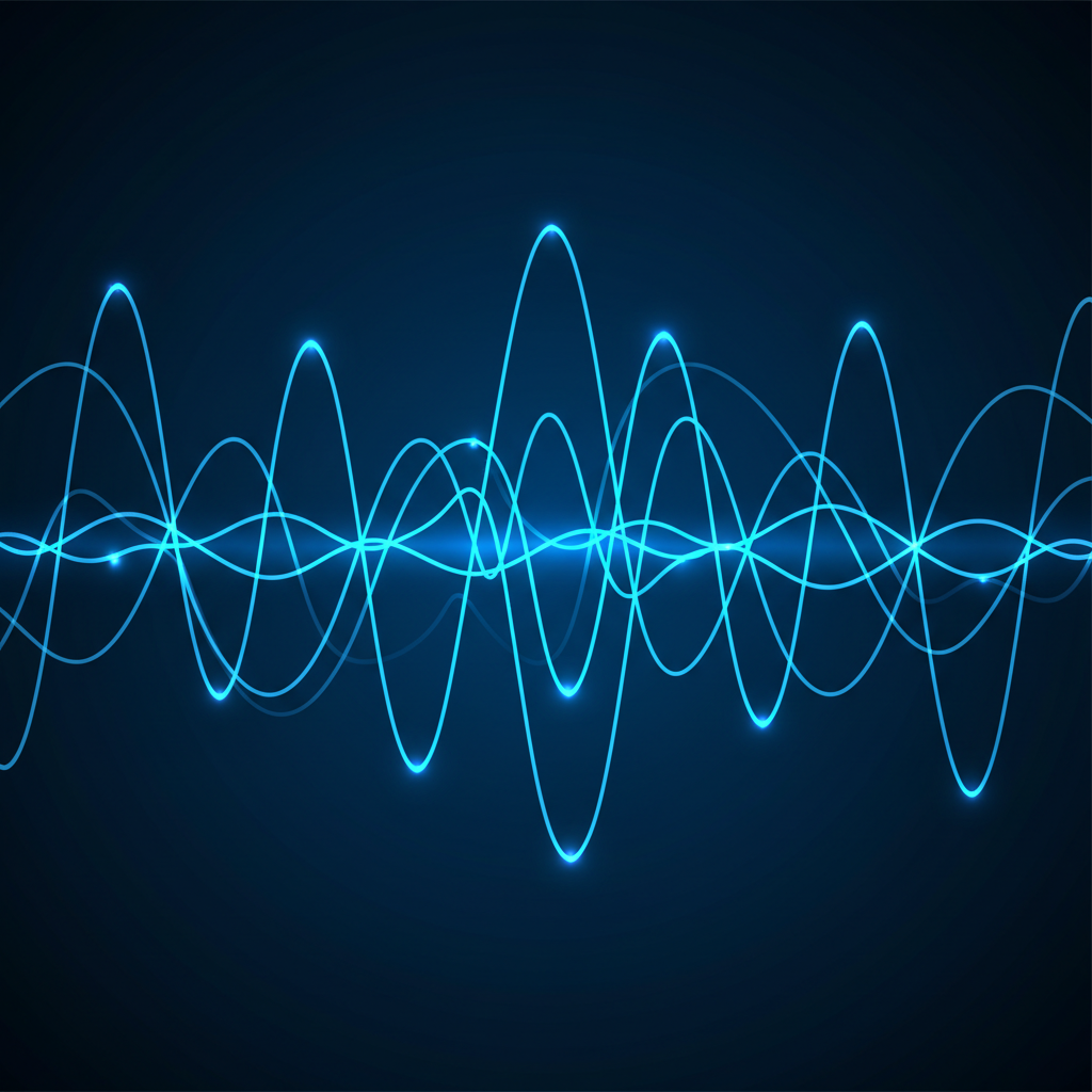 abstract physics background, sine waves, harmonic oscillation, minimal scientific style, dark blue and neon blue colors, high quality, 8k